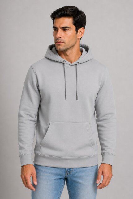 Unisex Μονόχρωμο Hoodie με Κουκούλα Γκρι Ανοικτό αντρικό μοντέλο