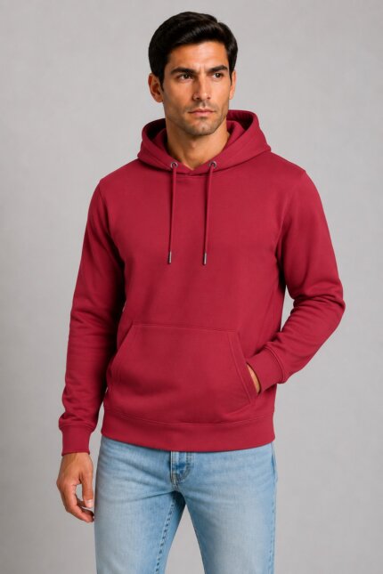 Unisex Μονόχρωμο Hoodie με Κουκούλα Βαθύ Κόκκινο αντρικό μοντέλο
