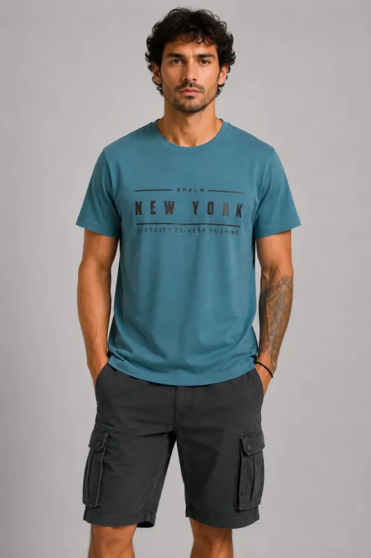 New York Basic T-Shirt Πετρόλ