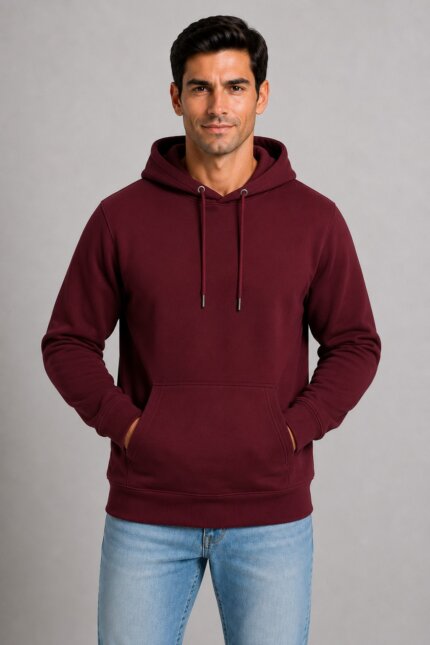 Unisex Μονόχρωμο Hoodie με Κουκούλα Μπορντό αντρικό μοντέλο
