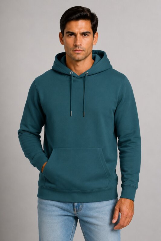 Unisex Μονόχρωμο Hoodie με Κουκούλα Πετρόλ αντρικό μοντέλο