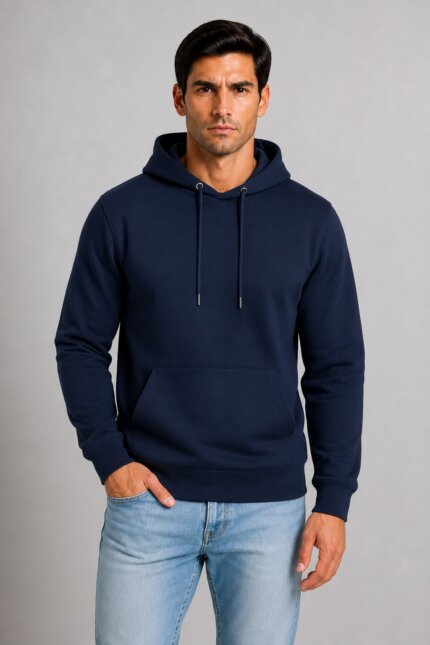 Unisex Μονόχρωμο Hoodie με Κουκούλα Navy αντρικό μοντέλο