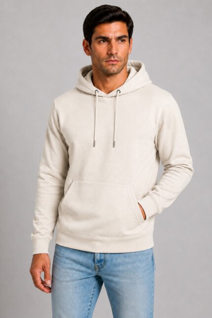 Unisex Μονόχρωμο Hoodie με Κουκούλα Off White αντρικό μοντέλο