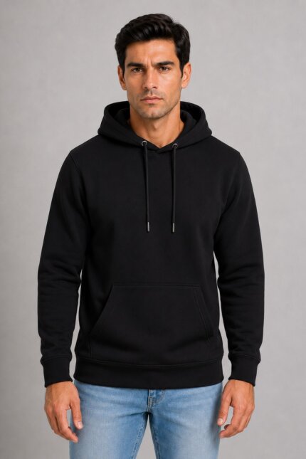 Unisex Μονόχρωμο Hoodie με Κουκούλα Μαύρο αντρικό μοντέλο