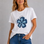 Grow & Shine Γυναικείο T-Shirt με Denim Flower και Strass λευκό σε μοντέλο