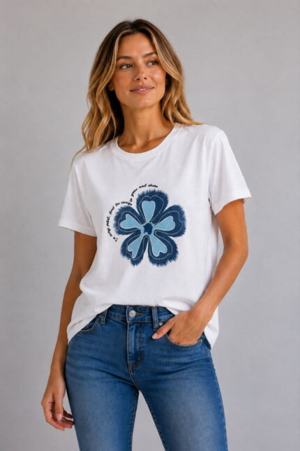 Grow & Shine Γυναικείο T-Shirt με Denim Flower και Strass λευκό σε μοντέλο