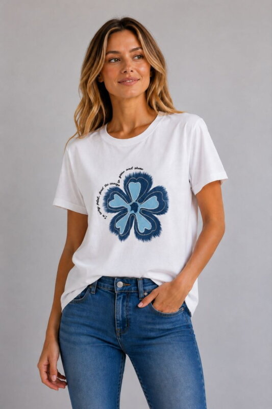 Grow & Shine Γυναικείο T-Shirt με Denim Flower και Strass λευκό σε μοντέλο