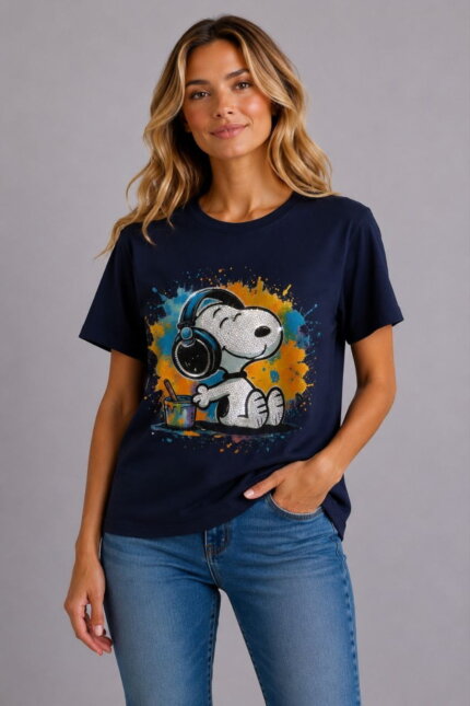 Music Mood Γυναικείο T-Shirt με Strass μπλε navy σε μοντέλο