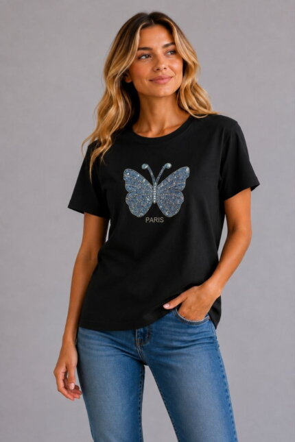 Paris Butterfly Γυναικείο T-Shirt με Στρας μαύρο σε μοντέλο