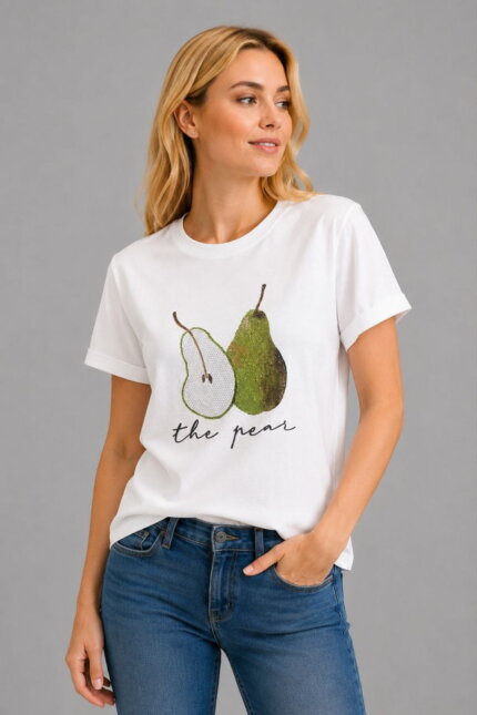 The Pear Γυναικείο T-Shirt με Στρας λευκό σε μοντέλο