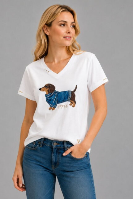 Dachshund Style Γυναικείο V-Neck T-Shirt λευκό σε μοντέλο