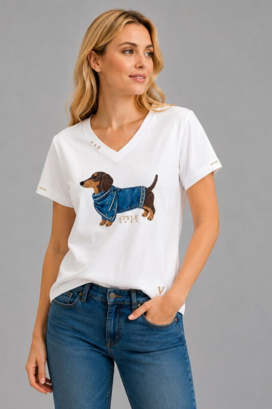 Dachshund Style Γυναικείο V-Neck T-Shirt λευκό σε μοντέλο