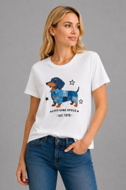 City Girl Style Γυναικείο T-Shirt με Σκυλάκι λευκό σε μοντέλο