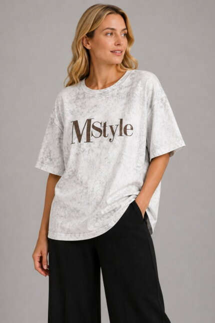 MStyle Γυναικείο T-Shirt με Στρας λευκό γκρι σε μοντέλο