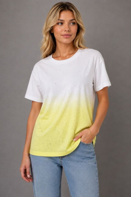 Crystal Fade Γυναικείο T-Shirt με Στρας Λευκό–Κίτρινο σε μοντέλο