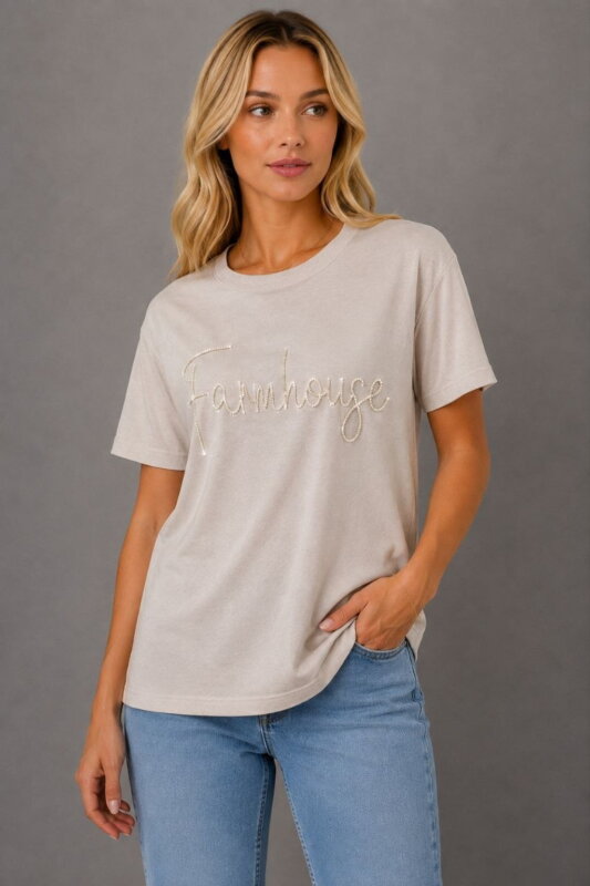 Farmhouse Γυναικείο T-Shirt με Στρας μπεζ σε μοντέλο
