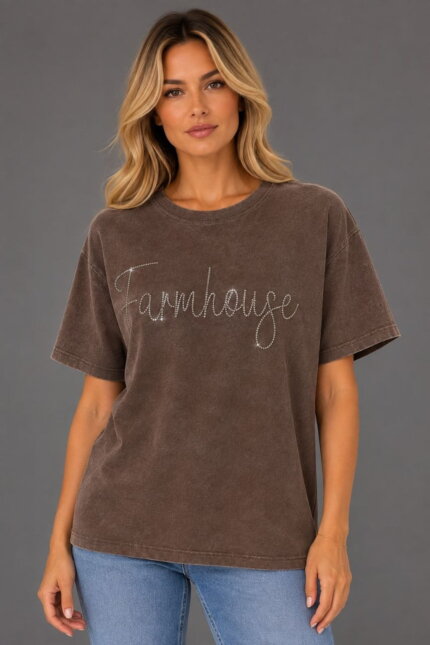 Farmhouse Γυναικείο T-Shirt με Στρας καφέ σε μοντέλο
