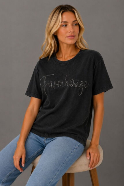 Farmhouse Γυναικείο T-Shirt με Στρας μαύρο σε μοντέλο