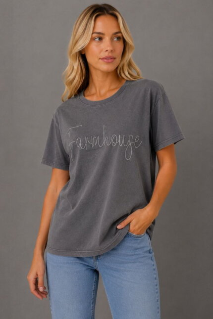 Farmhouse Γυναικείο T-Shirt με Στρας μολυβί ανθρακί σε μοντέλο