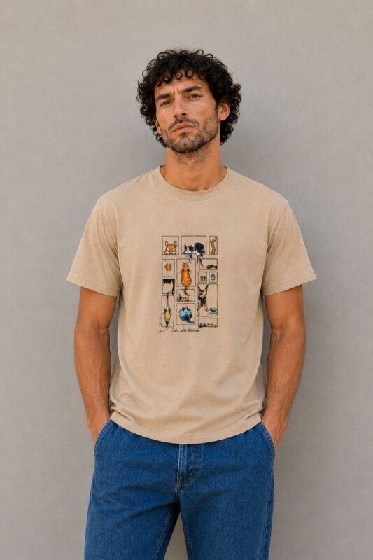 Cats with Attitude Basic T-Shirt Μπεζ αντρικό μοντέλο