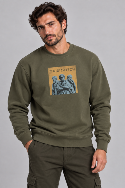 Γνώθι Σαυτόν unisex φούτερ λαιμόκοψη χακί – VINCULUM
