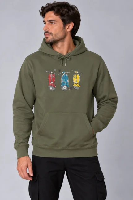 Τρεις Βέσπες unisex hoodie σε χακί χρώμα