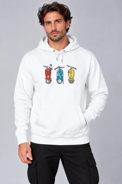Τρεις Βέσπες unisex hoodie σε λευκό χρώμα